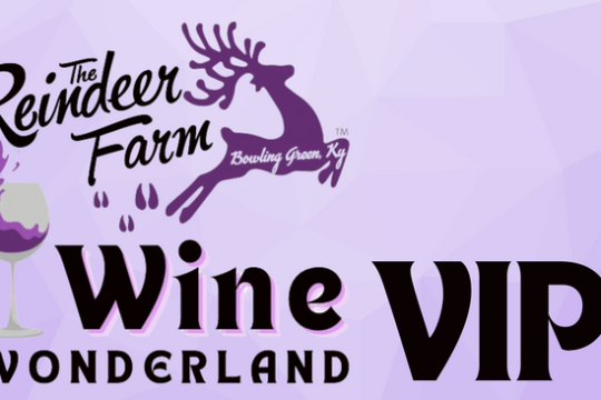 Reindeer Farm logo with purple wine glass, text 'Wine Wonderland VIP' on a purple background.