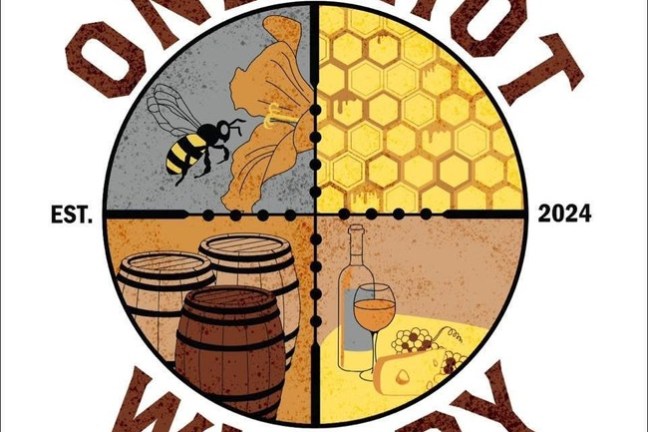 Logo with bee, flower, barrels, wine bottle, and cheese under 'One-Shot Winery' text.