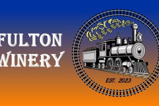 Fulton Winery logo with vintage train and 'Est. 2023' on blue to orange gradient background.