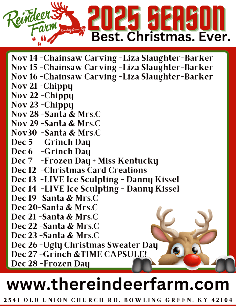 2025 season events at The Reindeer Farm with dates from November 14 to December 28, featuring themed days.