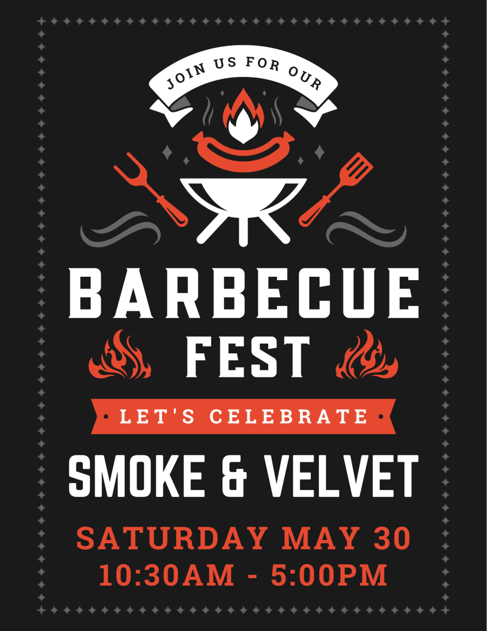 Barbecue Fest poster with grill, flame, utensils, and event details for May 30, 10:30AM to 5:00PM.