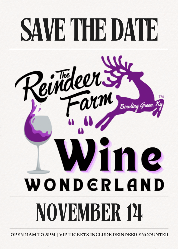 Save the Date for Wine Wonderland at The Reindeer Farm, November 14, featuring wine glass and reindeer graphics.